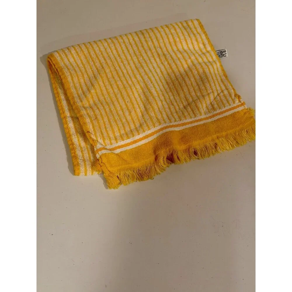 VTG Fieldcrest Hand‎ Towel Yellow White Striped Fringe MCM Retro 70s 80s USA